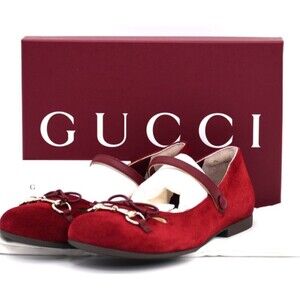 Gucci Girl’s Size 33 Red Suede Ballet Flats Shoes Mary Janes Horsebit NWT Box